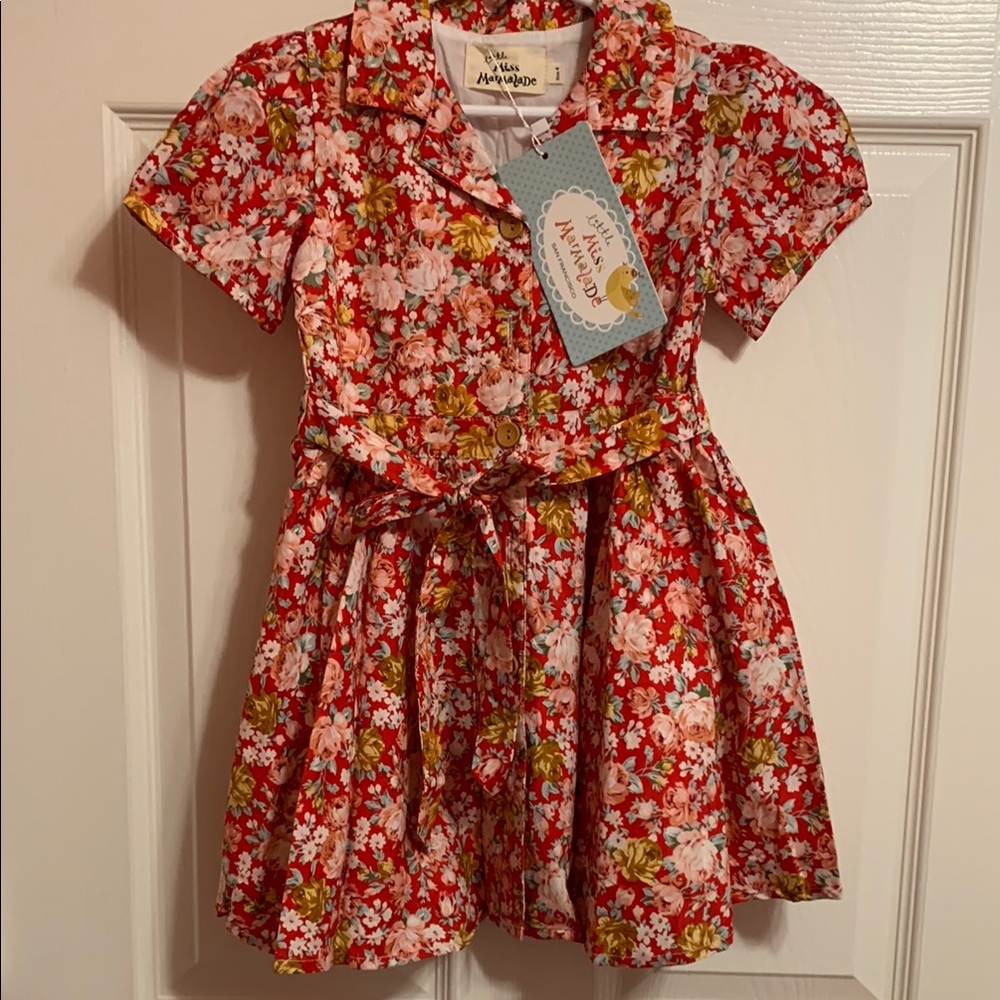Little Miss Marmalade Red Floral Kids Dress with button front and back/front tie
